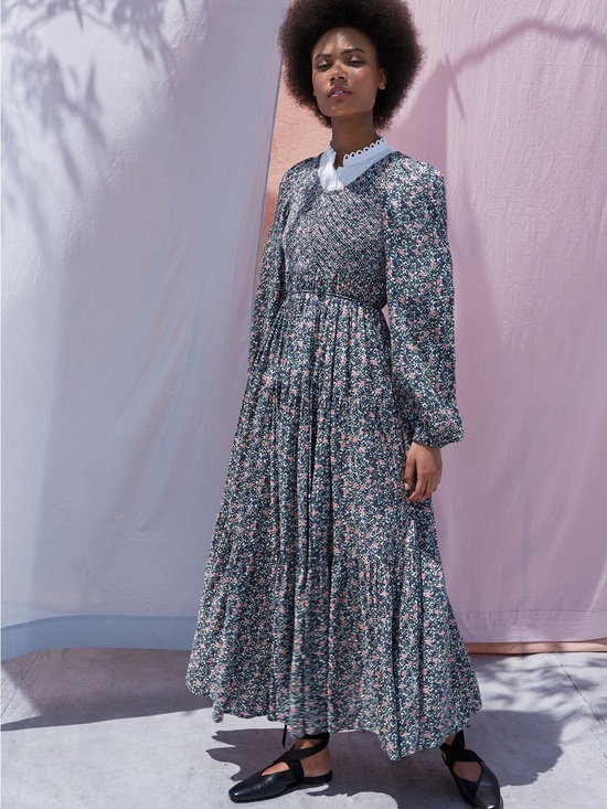 Apiece Apart Dresses & Skirts - Floral Smocked Maxi Dress in Green with Pink Flowers